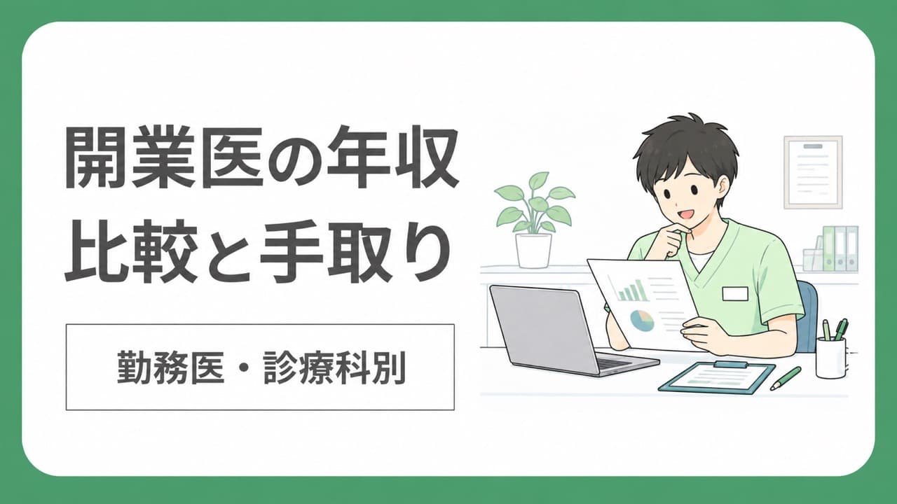開業医の年収、比較と手取り、勤務医・診療科別の文字と資料を確認する医師のイラスト